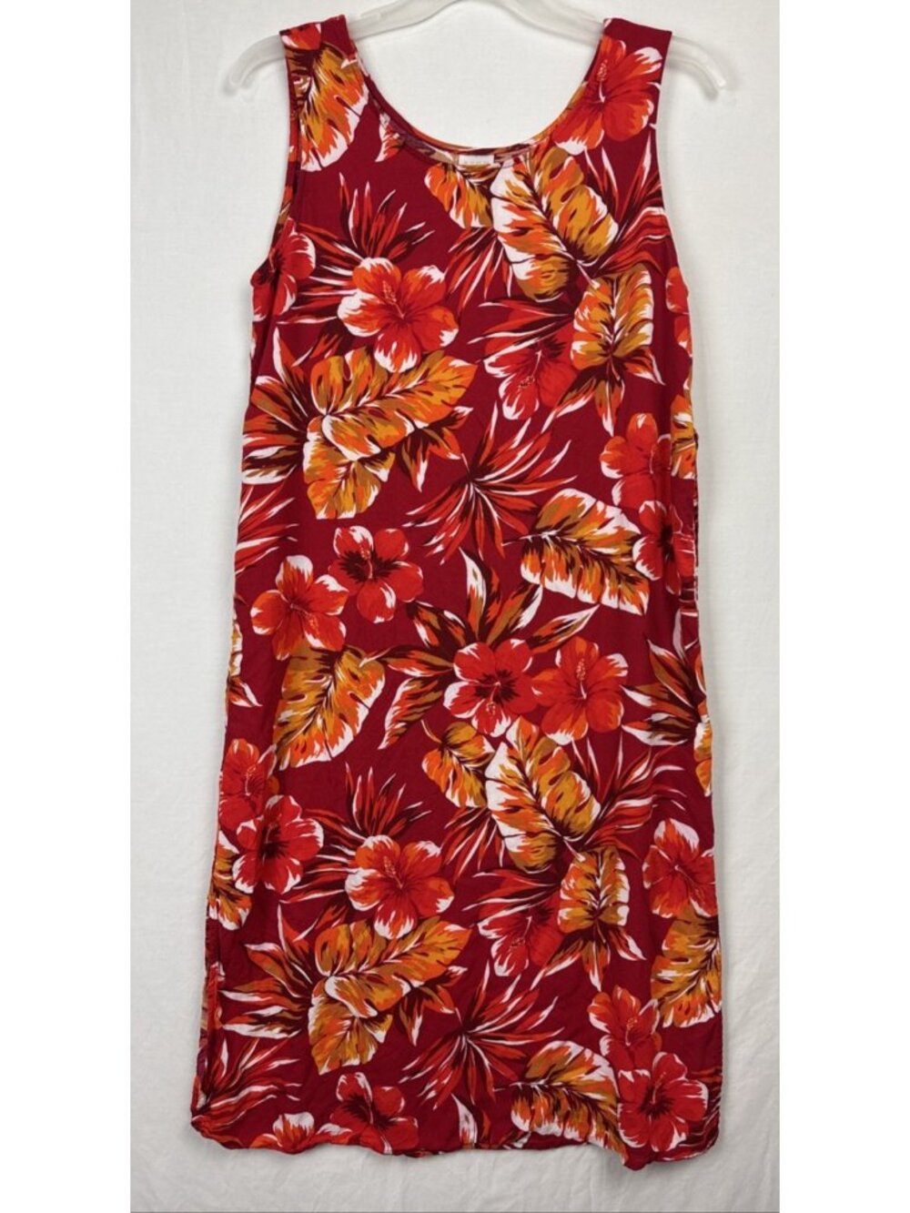 AVON Hawaiian Sleeveless Long Dress Large hibiscus flower red orange white rayon